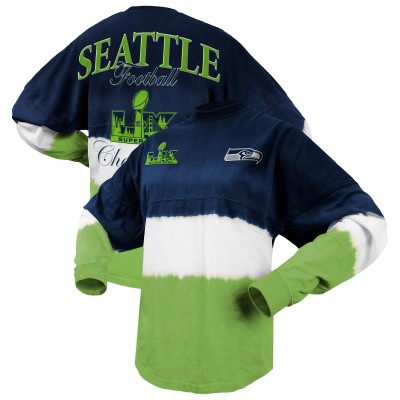 Женская Seattle Seahawks Spirit Jersey College Navy/Neon Green Super Bowl LX Champions Horizontal Ombre Long Sleeve T-Shirt