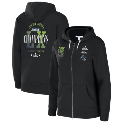  Женская футболка Seattle Seahawks WEAR by Erin Andrews Black Super Bowl LX Champions Oversized Full-Zip Hoodie