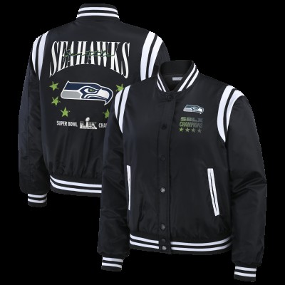 Женская Seattle Seahawks WEAR by Erin Andrews Black Super Bowl LX Champions Full-Snap Bomber Jacket