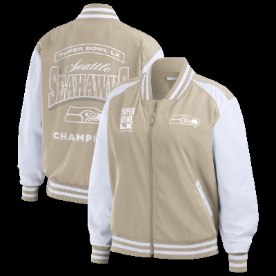 Женская Seattle Seahawks WEAR by Erin Andrews Tan Super Bowl LX Champions Tonal Full-Zip Bomber Jacket