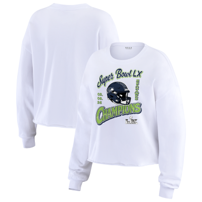 Женская футболка с длинным рукавом Seattle Seahawks WEAR by Erin Andrews White Super Bowl LX Champions Cropped