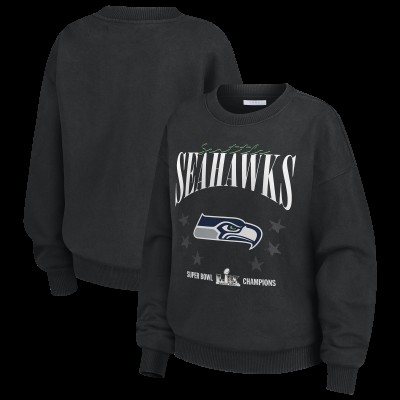 Женская Seattle Seahawks WEAR by Erin Andrews Black Super Bowl LX Champions Washed Oversized Sweatshirt
