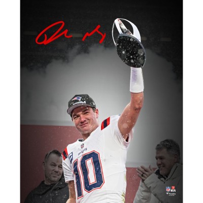 Drake Maye New England Patriots Autographed Fanatics Authentic 16 x 20 Holding 2025 AFC Championship Trophy Spotlight Photograph