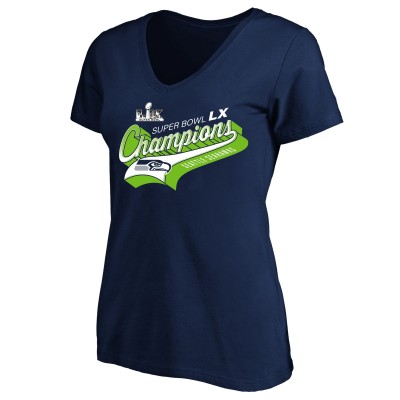 Женская Seattle Seahawks Fanatics College Navy Super Bowl LX Champions Plus Size Tailsweep V-Neck T-Shirt