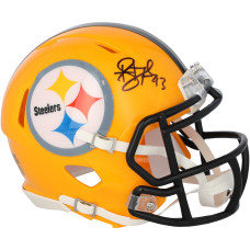 Troy Polamalu Pittsburgh Steelers Autographed Fanatics Authentic Riddell Gold Throwback Speed Mini Helmet