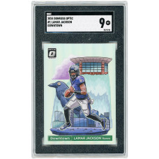 Карточка Lamar Jackson Baltimore Ravens 2024 Panini Donruss Optic Downtown Case Hit #1 SGC Authenticated 9 Карточка Lamar Jackson Baltimore Ravens 2024 Panini Donruss Optic Downtown Case Hit #1 SGC Authenticated 9