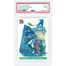 Карточка Lamar Jackson Baltimore Ravens 2021 Panini Donruss Downtown! #DT-9 PSA Authenticated 9 Карточка Lamar Jackson Baltimore Ravens 2021 Panini Donruss Downtown! #DT-9 PSA Authenticated 9