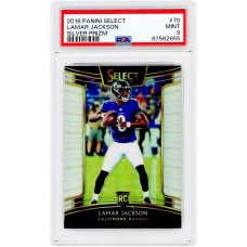 Карточка Lamar Jackson Baltimore Ravens 2018 Panini Select Silver Prizm #70 PSA Authenticated 9 Карточка Lamar Jackson Baltimore Ravens 2018 Panini Select Silver Prizm #70 PSA Authenticated 9