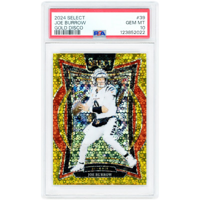 Карточка Joe Burrow Cincinnati Bengals 2024 Panini Select Gold Disco Prizm Jersey Match #39 #9/10 PSA Authenticated 10