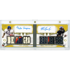 Карточка Gale Sayers & Mike Singletary Chicago Bears Autographed 2015 Topps Triple Threads Gold Pairs Booklet Dual Tri-Color Jersey Relics #TTARP-11 #15/18