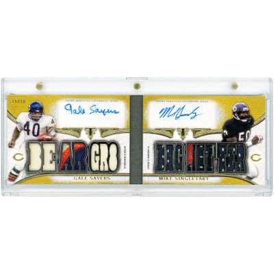 Карточка Gale Sayers & Mike Singletary Chicago Bears Autographed 2015 Topps Triple Threads Gold Pairs Booklet Dual Tri-Color Jersey Relics #TTARP-11 #15/18