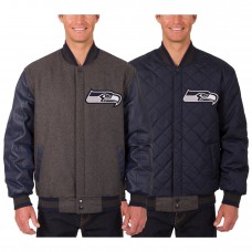 Seattle Seahawks JH Design Charcoal Wool & Leather Reversible Jacket with Embroidered Logos