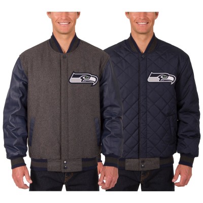 Seattle Seahawks JH Design Charcoal Wool & Leather Reversible Jacket with Embroidered Logos