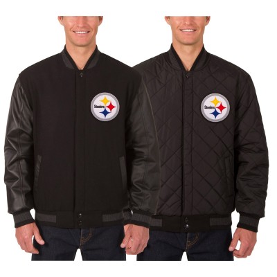 Pittsburgh Steelers JH Design Black Wool & Leather Reversible Jacket with Embroidered Logos