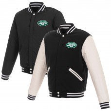 New York Jets NFL Pro Line by Reversible Fleece Full-Snap Jacket with Faux Leather Sleeves - Black/White