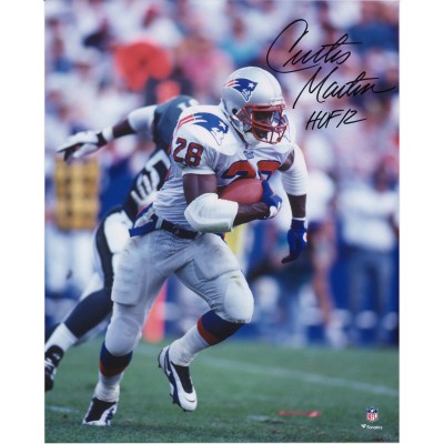 Autographed New England Patriots Curtis Martin Fanatics Authentic 16 x 20 White Jersey Vertical Rushing Photograph with HOF 12 Inscription