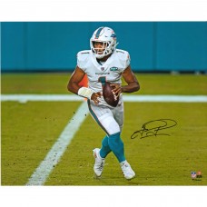 Autographed Miami Dolphins Tua Tagovailoa Fanatics Authentic 16 x 20 White Jersey Rolling Out Photograph