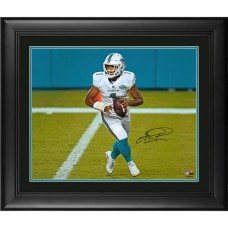 Autographed Miami Dolphins Tua Tagovailoa Fanatics Authentic Framed 16 x 20 White Jersey Rolling Out Photograph