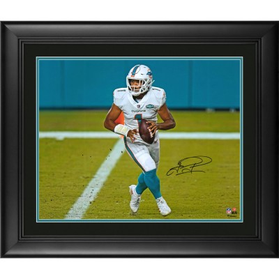 Autographed Miami Dolphins Tua Tagovailoa Fanatics Authentic Framed 16 x 20 White Jersey Rolling Out Photograph