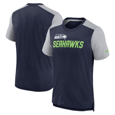Seattle Seahawks Nike Heathered College Navy/Heathered Gray Color Block Team Name T-Shirt