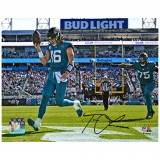 Autographed Jacksonville Jaguars Trevor Lawrence Fanatics Authentic 8 x 10 Teal Jersey Rush Touchdown Photograph
