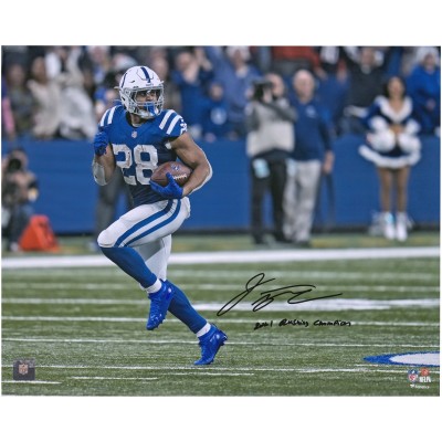 Autographed Indianapolis Colts Jonathan Taylor Fanatics Authentic 16 x 20 Blue Horizontal Photograph with 2021 RUSHING CHAMPION Inscription