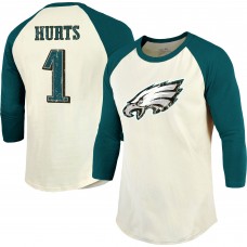 Футболка Jalen Hurts Philadelphia Eagles Majestic Threads Vintage Player Name & Number 3/4-Sleeve Fitted - Cream/Midnight Green