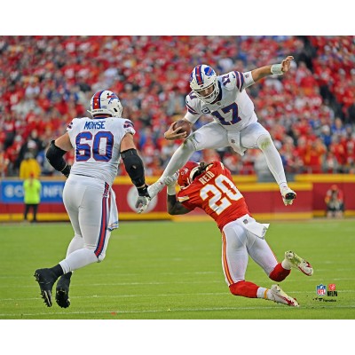 Unsigned Buffalo Bills Josh Allen Fanatics Authentic Hurdles Over a Chiefs Defender Photograph