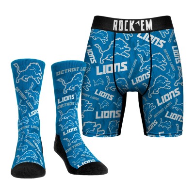 Detroit Lions Rock Em Socks All-Over Logo Underwear and Crew Socks Combo Pack
