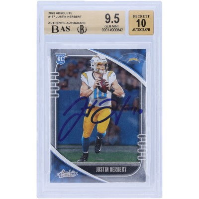 Autographed Los Angeles Chargers Justin Herbert 2020 Panini Absolute #167 BAS Authenticated 9.5/10 Rookie Card - 9.5/9.5/9.5/9.5 Subgrades
