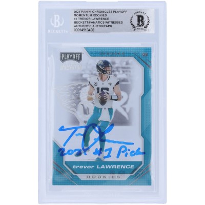 Autographed Jacksonville Jaguars Trevor Lawrence 2021 Panini Chronicles Playoff Momentum #PMR-1 Beckett Fanatics Witnessed Authenticated Rookie Card with 2021 #1 Pick Inscription