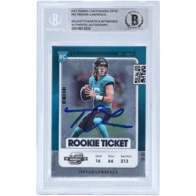 Autographed Jacksonville Jaguars Trevor Lawrence 2021 Panini Contenders Optic Rookie Ticket #93 Beckett Fanatics Witnessed Authenticated Rookie Card