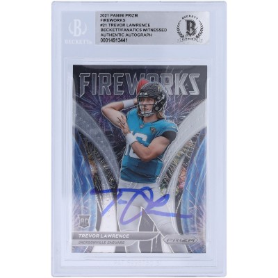 Autographed Jacksonville Jaguars Trevor Lawrence 2021 Panini Prizm Fireworks #F-21 Beckett Fanatics Witnessed Authenticated Rookie Card