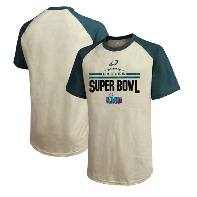 Футболка Philadelphia Eagles Majestic Threads Super Bowl LVII Goal Line Stand Raglan - Cream/Midnight Green